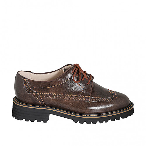Zapato derby con cordones y punta de ala para mujer en piel vintage y gamuza marron tacon 3 - Tallas disponibles:  32, 35, 42, 44, 45, 46