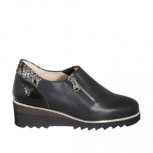 Zapato con cremalleras para mujer en piel y charol negro con estampa multicolor cuña 4 - Tallas disponibles:  32, 35