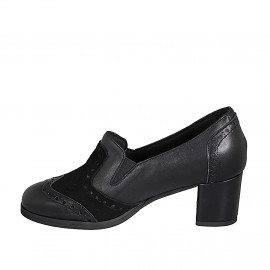 Zapato con elasticos, plantilla extraible y punta de ala para mujer en gamuza y piel negra tacon 5 - Tallas disponibles:  32, 34, 35, 42, 43 2