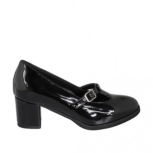 Mary Jane pour femmes en cuir verni noir avec courroie et semelle intérieure amovible talon 5 - Pointures disponibles:  32, 34, 35, 43, 45