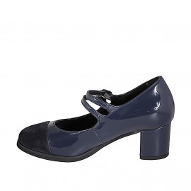 Mary Jane pour femmes avec courroies, semelle intérieure amovible et bout droit en cuir verni et daim bleu talon compensé 5 - Pointures disponibles:  32, 35, 45 2