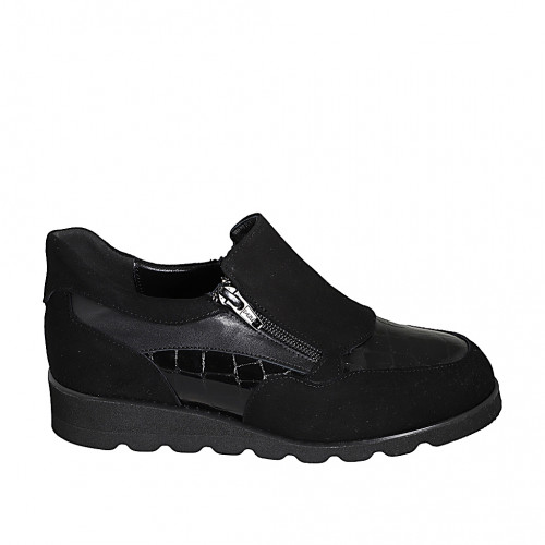 Sneaker accollata da donna con cerniere e plantare estraibile in camoscio nero e vernice stampata zeppa 3 - Misure disponibili: 33, 42, 43, 44, 46