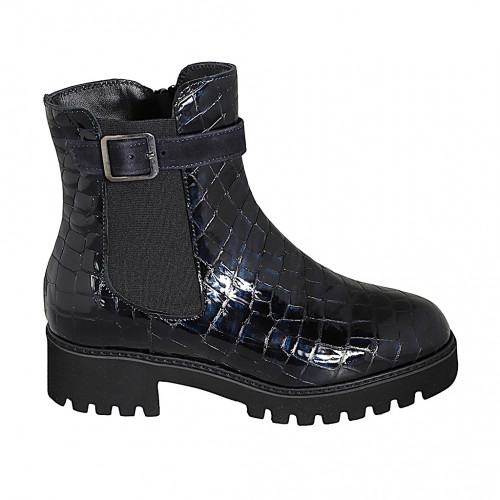 Stivaletto da donna con plantare estraibile, cerniera, elastico e fibbia in vernice laminata blu tacco 4 - Misure disponibili: 31, 32, 34, 35, 42, 45, 46