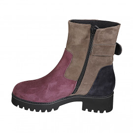 Stivaletto da donna con plantare estraibile, cerniera e fibbia in camoscio marrone, bordeaux e blu tacco 4 - Misure disponibili: 31, 32, 33, 42, 43, 45 2