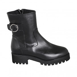 Woman's ankle boot with removable insole, buckle and zipper in black leather heel 4 - Available sizes:  31, 32, 33, 34, 35, 42, 43, 44, 45, 46