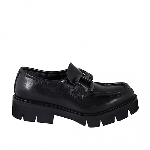 Mocassin pour femmes avec elastique et accessoire en cuir noir talon 4 - Pointures disponibles:  32, 33, 35, 42, 45, 46, 47