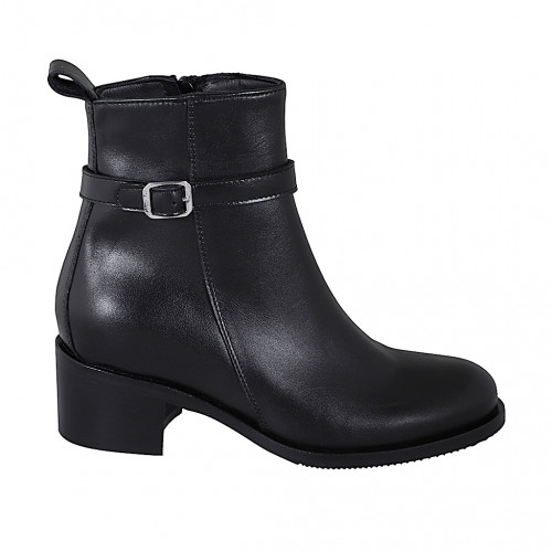 Woman's ankle boot in black leather with zipper, buckle and round tip heel 5 - Available sizes:  32, 33, 45