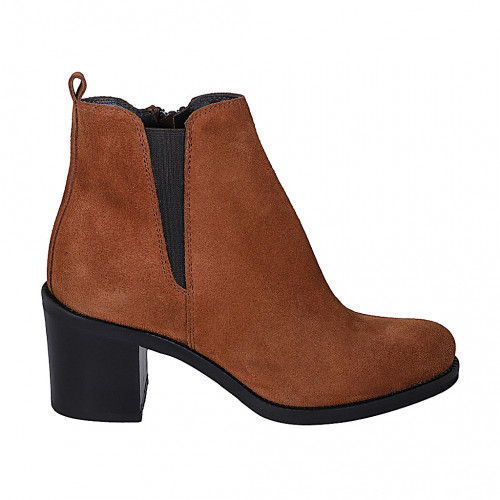 Bottines pour femmes en daim cognac avec fermeture éclair, élastique et bout rondu talon 6 - Pointures disponibles:  32, 42, 44, 45