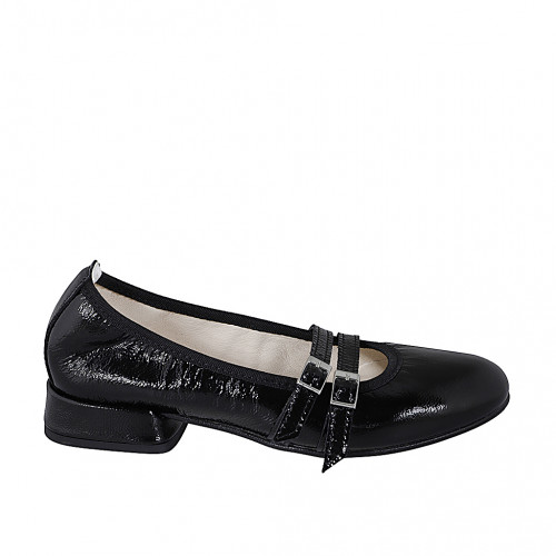 Mary Jane Ballerine pour femmes à bout pointu avec courroies en cuir verni noir talon 2 - Pointures disponibles:  32, 34, 35