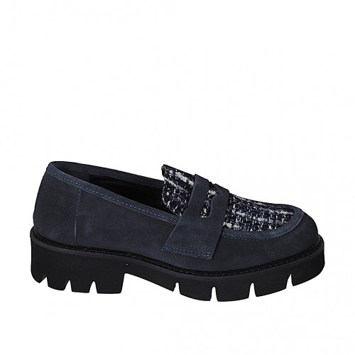 Mocasín estilo college para mujer en piel azul y tejido azul y blanco con tacón 3 - Tallas disponibles:  33, 35, 42, 43, 44, 45