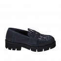 Women's college loafer in blue suede and blue-and-white fabric heel 3 - Available sizes:  33, 35, 42, 43, 44, 45