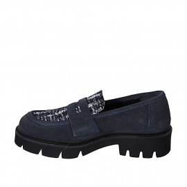Mocasín estilo college para mujer en piel azul y tejido azul y blanco con tacón 3 - Tallas disponibles:  33, 35, 42, 43, 44, 45 2