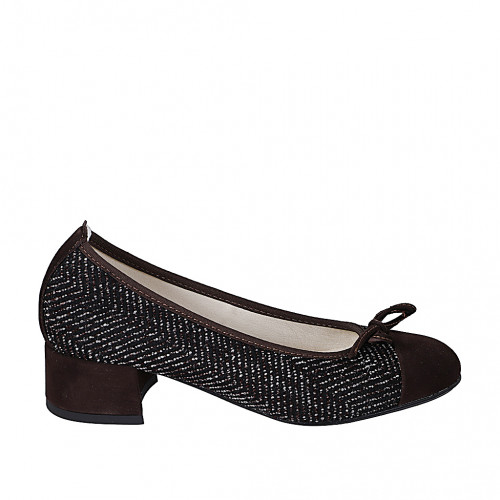 Woman's ballerina with bow and captoe in dark brown suede and black, white and bordeaux fabric heel 4 - Available sizes:  35, 42, 43, 44, 45