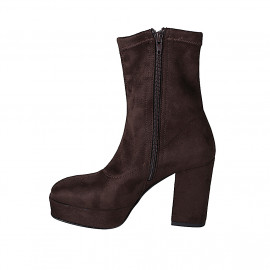 Woman's ankle boot with zipper and platform in dark brown elastic material and suede heel 10 - Available sizes:  33, 35 2