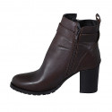 Woman's ankle boot in dark brown leather with zippers, buckle and round tip heel 7 - Available sizes:  43, 45