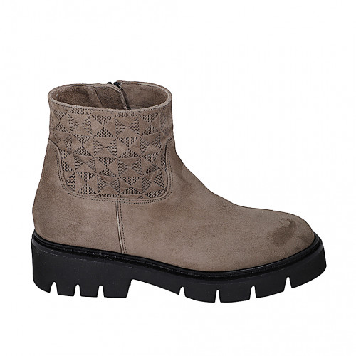 Bottines pour femmes en daim taupe avec fermeture éclair et motif géométrique talon 4 - Pointures disponibles:  32, 33, 42, 44, 45