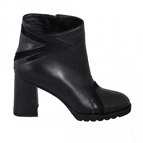 Woman's ankle boot with zipper in black leather, suede and patent leather heel 7 - Available sizes:  33, 35, 42, 43, 44, 45, 46