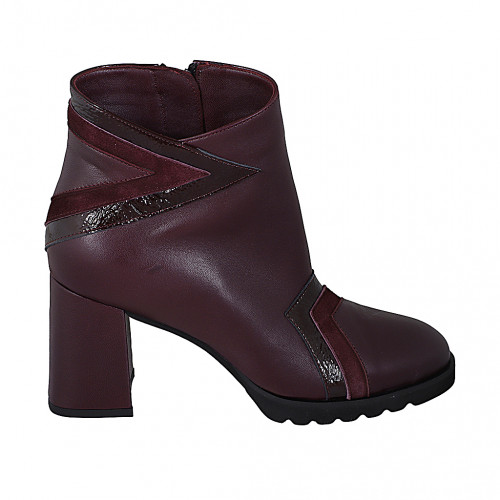 Woman's ankle boot with zipper in maroon leather, suede and patent leather heel 7 - Available sizes:  32, 35, 42, 43, 45