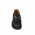 Woman's loafer with silver accessory in black leather heel 4 - Available sizes:  33, 45, 46