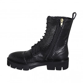 Woman's laced ankle boot with zipper and captoe in black printed leather heel 4 - Available sizes:  32, 33, 35, 42, 43, 44, 47 2