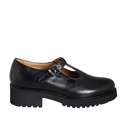 Woman's highfronted Mary Jane shoe with T-strap in black leather heel 4 - Available sizes:  35