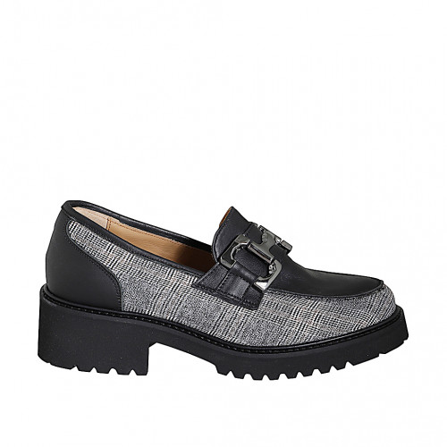 Mocassin pour femmes avec accessoire en cuir noir et tissu Prince de Galles gris talon 4 - Pointures disponibles:  35, 44