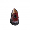 Mocassino da donna con nappine ed elastici in tessuto tartan multicolore e vernice bordeaux tacco 4 - Misure disponibili: 33, 34, 35, 44, 46