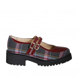 Decolté Mary Jane da donna con cinturini in tessuto tartan multicolore e vernice bordeaux tacco 4 - Misure disponibili: 35, 42