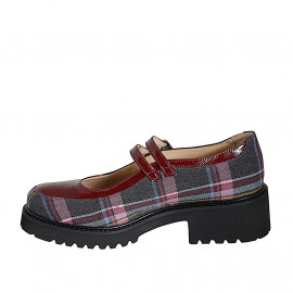 Zapato Mary Jane para mujer con cinturones en tejido de tartan multicolor y charol granate tacon 4 - Tallas disponibles:  35, 42, 46 2