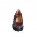 Zapato Mary Jane para mujer con cinturones en tejido de tartan multicolor y charol granate tacon 4 - Tallas disponibles:  35, 42, 46