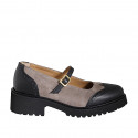 Escarpin Mary Jane avec courroie et bout golf pour femmes en daim taupe et cuir noir talon 4 - Pointures disponibles:  35, 45, 46