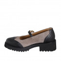 Escarpin Mary Jane avec courroie et bout golf pour femmes en daim taupe et cuir noir talon 4 - Pointures disponibles:  35, 45, 46