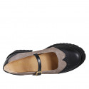 Woman's Mary Jane pump shoe with strap and wingtip in taupe suede and black leather heel 4 - Available sizes:  35, 45, 46