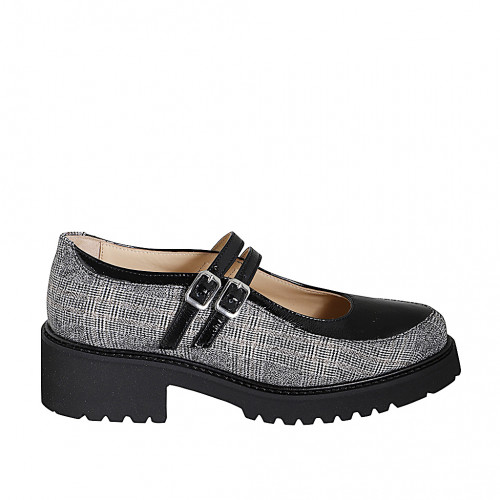 Zapato Mary Jane para mujer con cinturones en charol negro y tela principe di Gales gris tacon 4 - Tallas disponibles:  35, 42, 43, 44