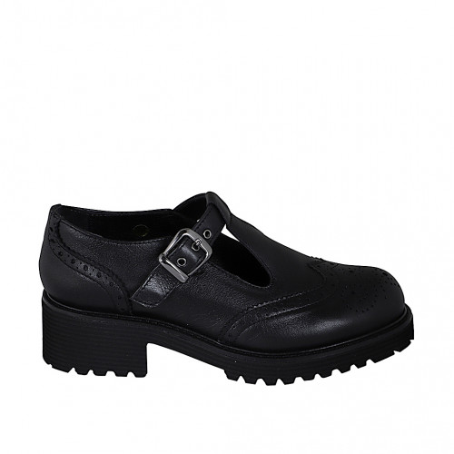 Woman's highfronted Mary Jane shoe with T-strap in black leather and and wingtip heel 5 - Available sizes:  45, 46