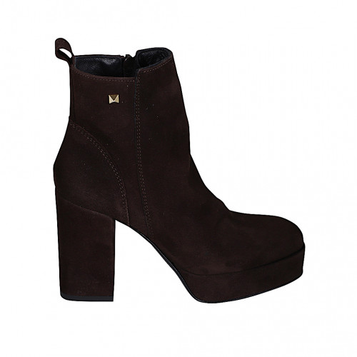Woman's ankle boot with studs and zipper in dark brown suede heel 9 - Available sizes:  32