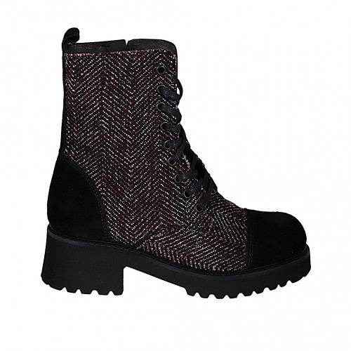 Stivaletto stringato da donna con puntale in camoscio nero e tessuto nero, bianco e bordeaux tacco 5 - Misure disponibili: 32, 35, 42, 43, 45, 46