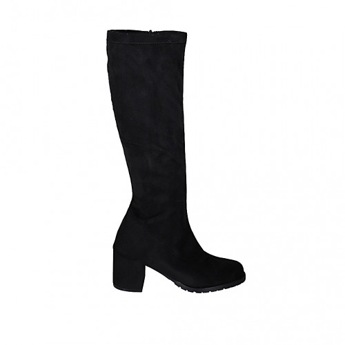 Woman's knee-high boot in black suede and elastic material heel 6 - Available sizes:  44