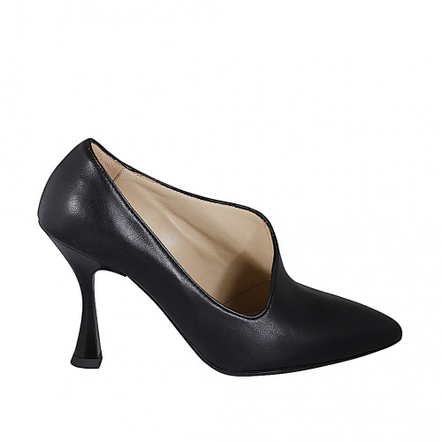 Women's pointed high-cut shoe with asymmetric neckline in black leather heel 9 - Available sizes:  32, 33, 34, 35, 44