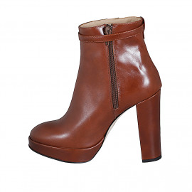 Women's ankle boot with platform, zipper and strap in cognac brown leather heel 11 - Available sizes:  32, 33, 34, 35, 42, 44, 46 2