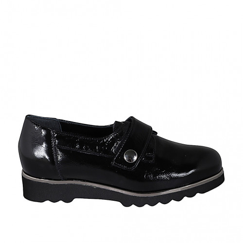 Scarpa accollata da donna con velcro e plantare estraibile in vernice nera zeppa 3 - Misure disponibili: 32, 34, 35, 43, 44, 46