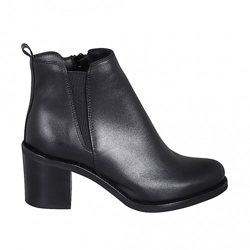 Bottines pour femmes en cuir noir avec fermeture éclair, élastique et bout rondu talon 6 - Pointures disponibles:  35, 42, 43, 44