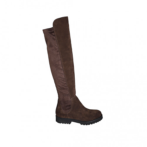 Bota para mujer con media cremallera en gamuza y gamuza elastica marron tacon 3 - Tallas disponibles:  33, 35, 42, 47