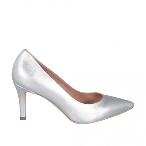 ﻿Woman's pointy pump in silver laminated leather heel 7 - Available sizes:  32, 33, 34, 35, 42, 44, 45