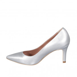 ﻿Woman's pointy pump in silver laminated leather heel 7 - Available sizes:  32, 33, 34, 35, 42, 44, 45 2