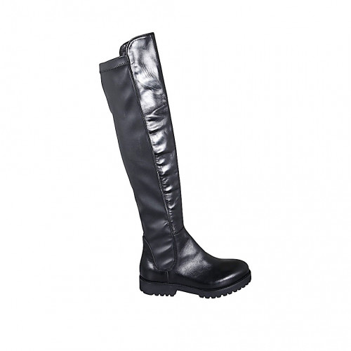 Bottes au dessus de genou pour femmes en cuir et matériau élastique noir avec demi fermeture éclair talon 3 - Pointures disponibles:  33, 35, 43