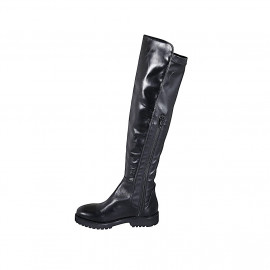 Botas sobre la rodilla para mujer en piel y material elastico negro con media cremallera tacon 3 - Tallas disponibles:  33, 35, 43 2