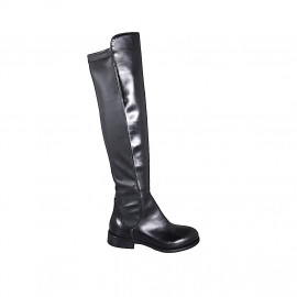 Botas a la rodilla para mujer en piel y tejido elastico negro con media cremallera tacon 3 - Tallas disponibles:  33, 35, 42, 47