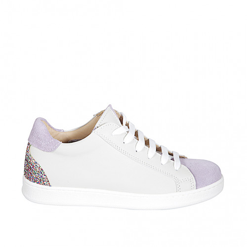 Lace-up sneaker with removable insole in wisteria suede and ivory leather with multicolor glitter wedge 2 - Available sizes:  32, 33, 34, 35
