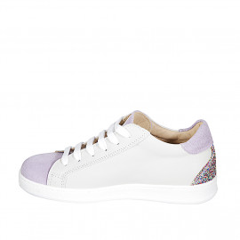 Lace-up sneaker with removable insole in wisteria suede and ivory leather with multicolor glitter wedge 2 - Available sizes:  32, 33, 34, 35 2